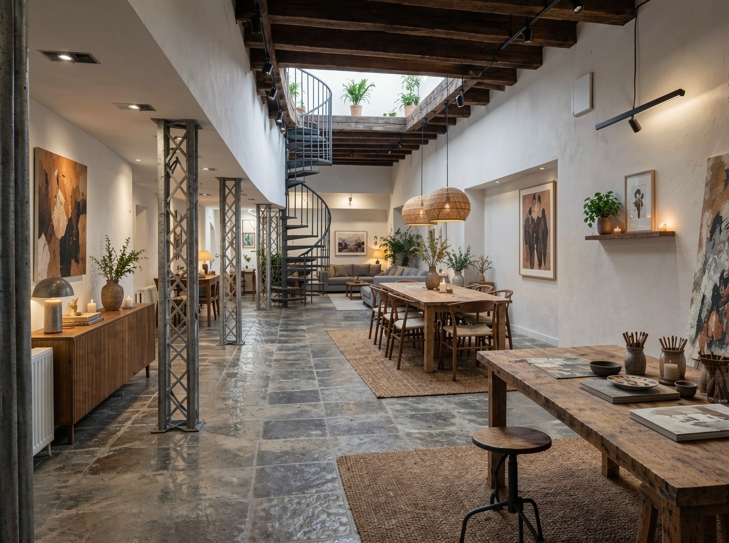 Atelier in het souterrain van Verwerijstraat 28C, met zware moerbalken en oud metselwerk