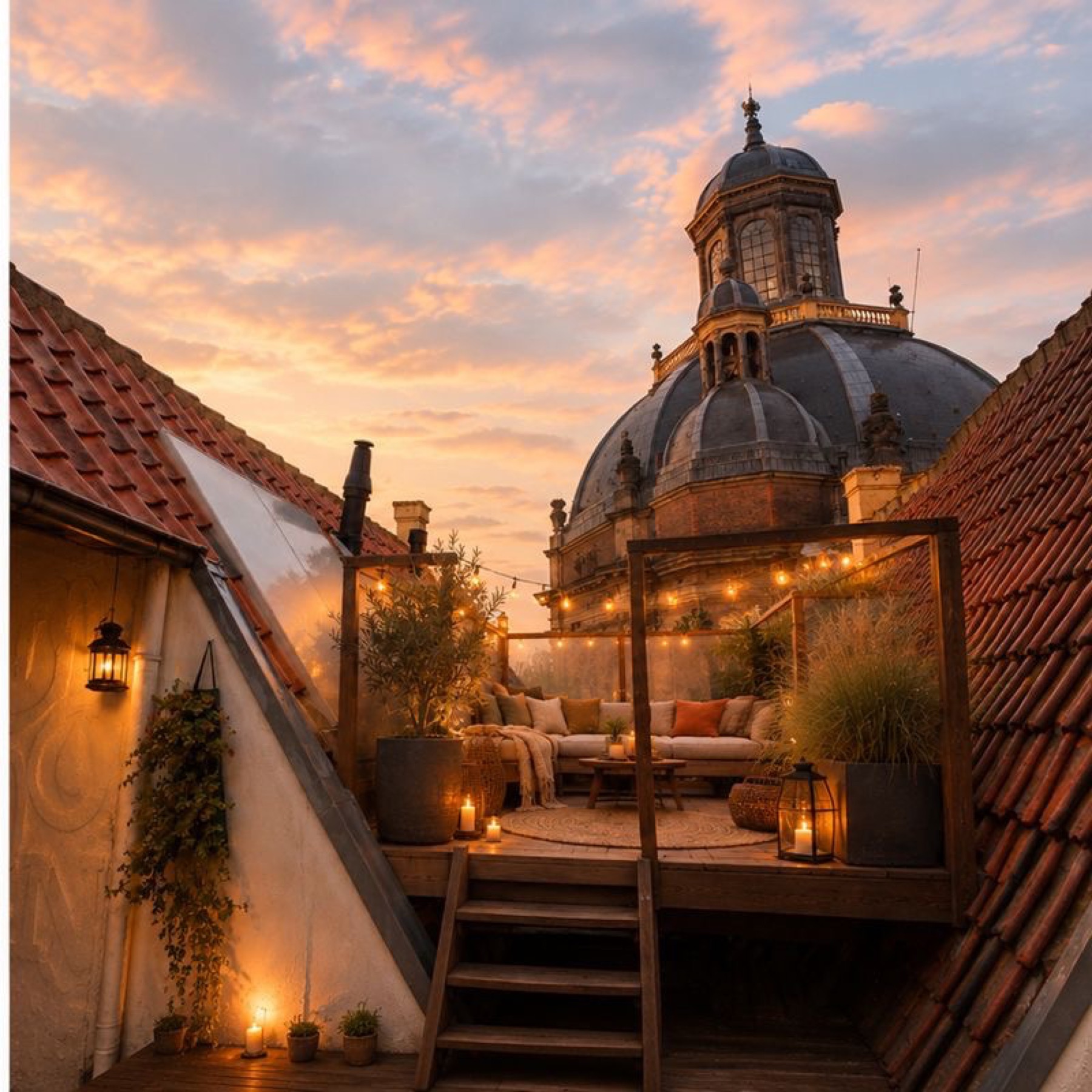Het dakterras van De Glazenkast bij zonsondergang, met uitzicht op de koepel van de Oostkerk