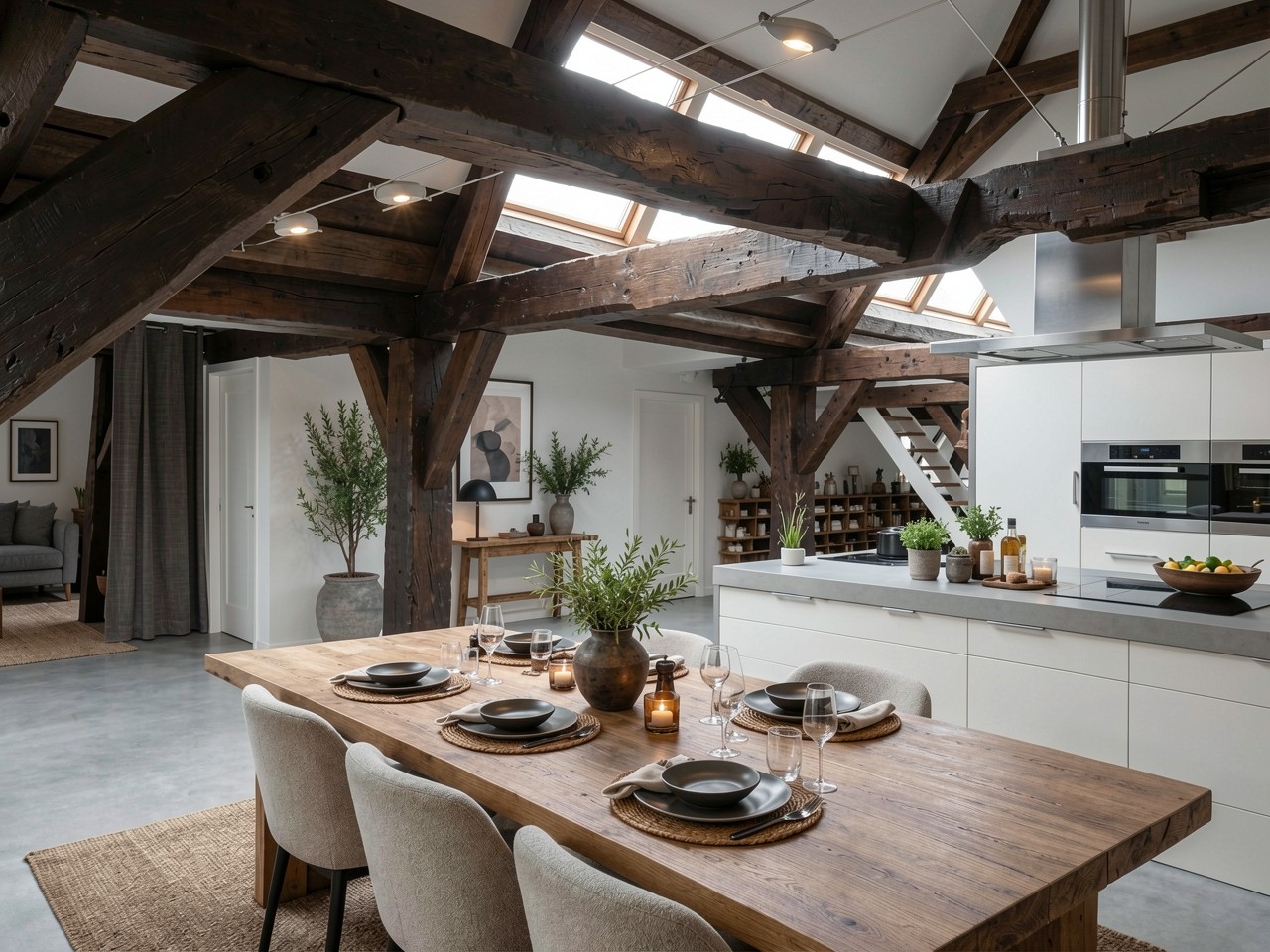 Woonkamer met open keuken onder de oorspronkelijke dakspanten van Verwerijstraat 28